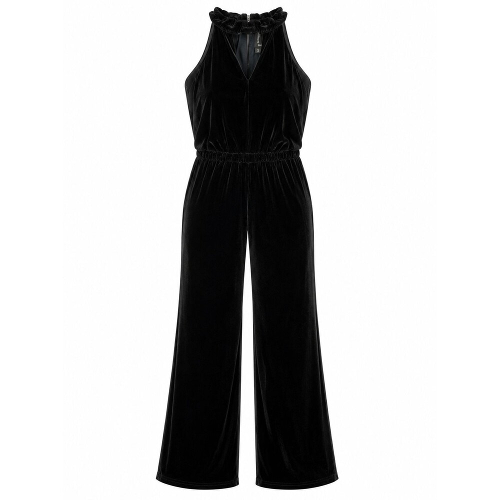 Crystal Doll Velvet Halter Jumpsuit Black Wide Leg Keyhole Neck Size 3 Elegant